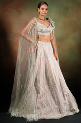 Silver Net Designer Lehenga Set with Cape Sleeves